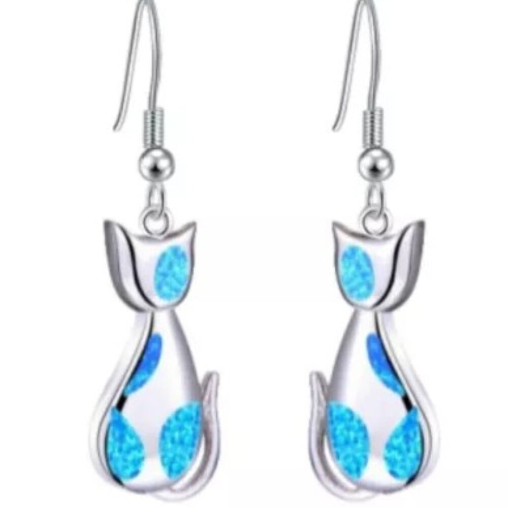 Beautiful Blue Fire Opal Sterling Silver Cute Cat Earrings